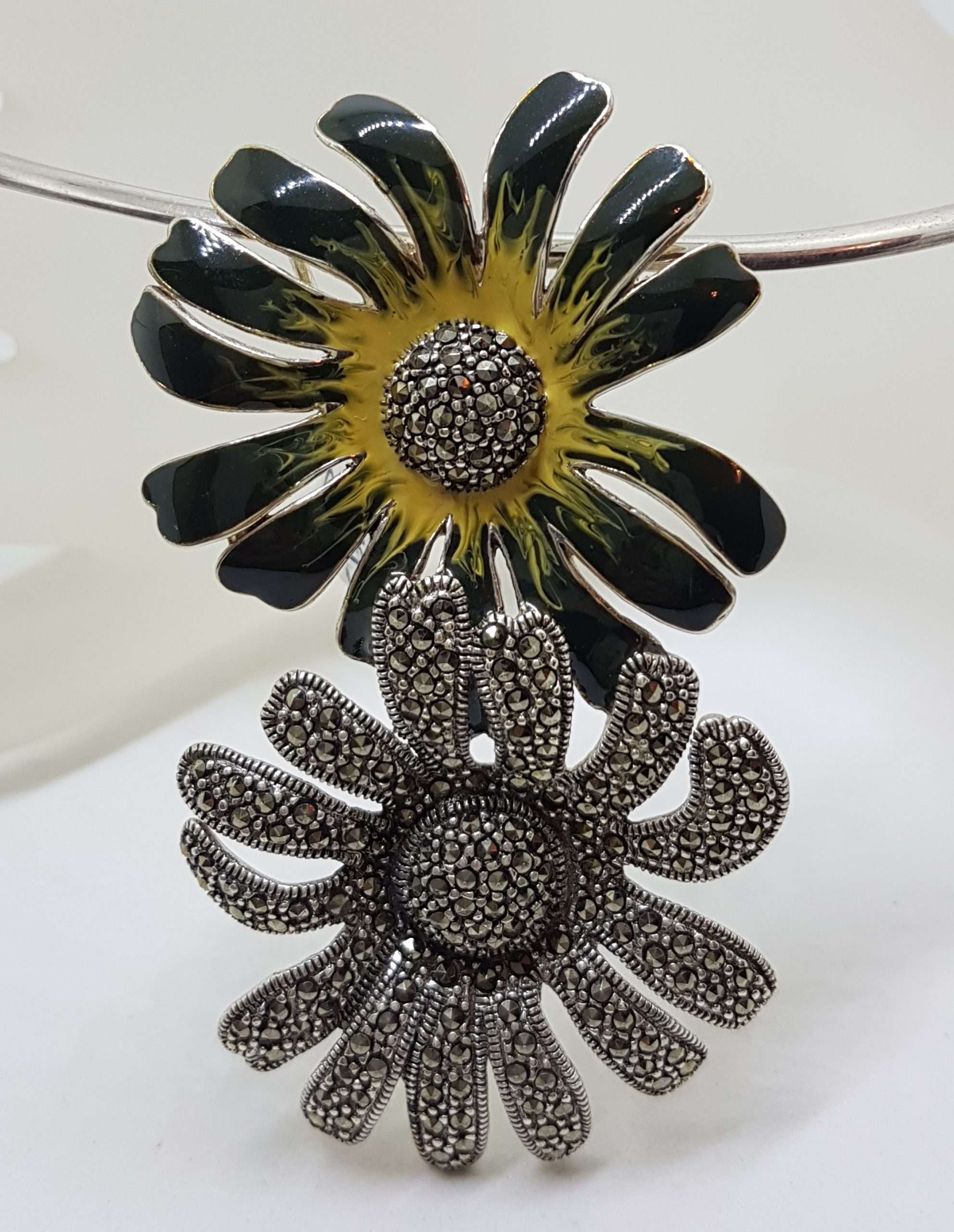 20200916_072721 Sterling Silver Marcasite and Enamel Large Flower Pendant on Silver Choker