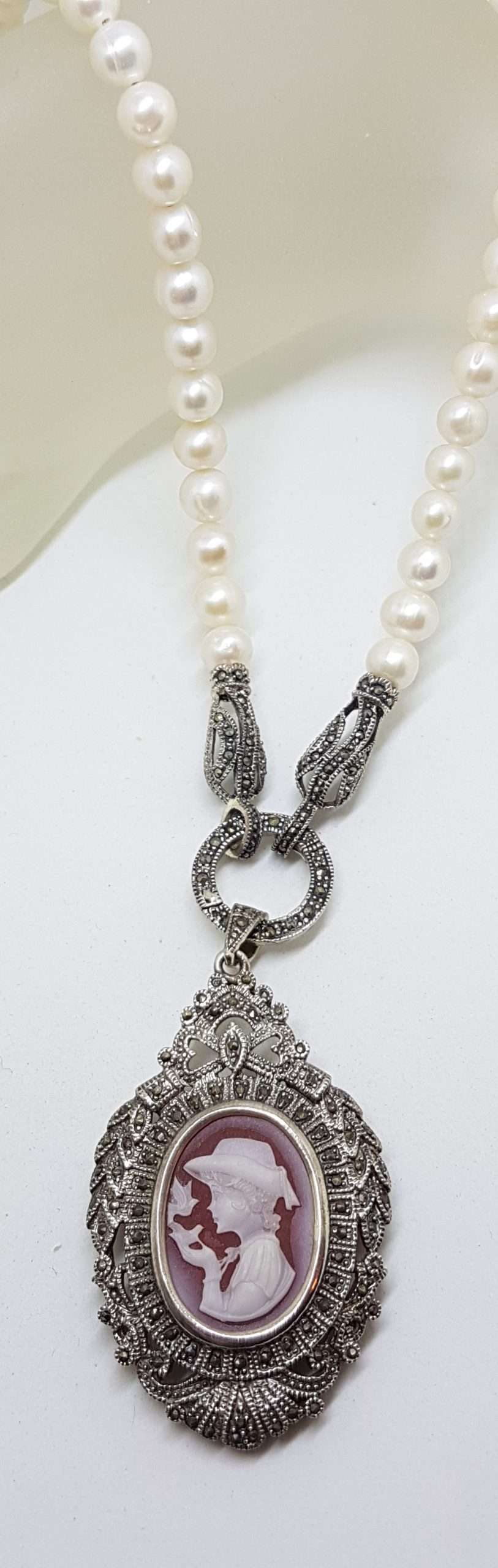 20200916_072752 Sterling Silver Large Ornate Marcasite Oval Cameo Pendant / Brooch on Pearl Chain / Necklace