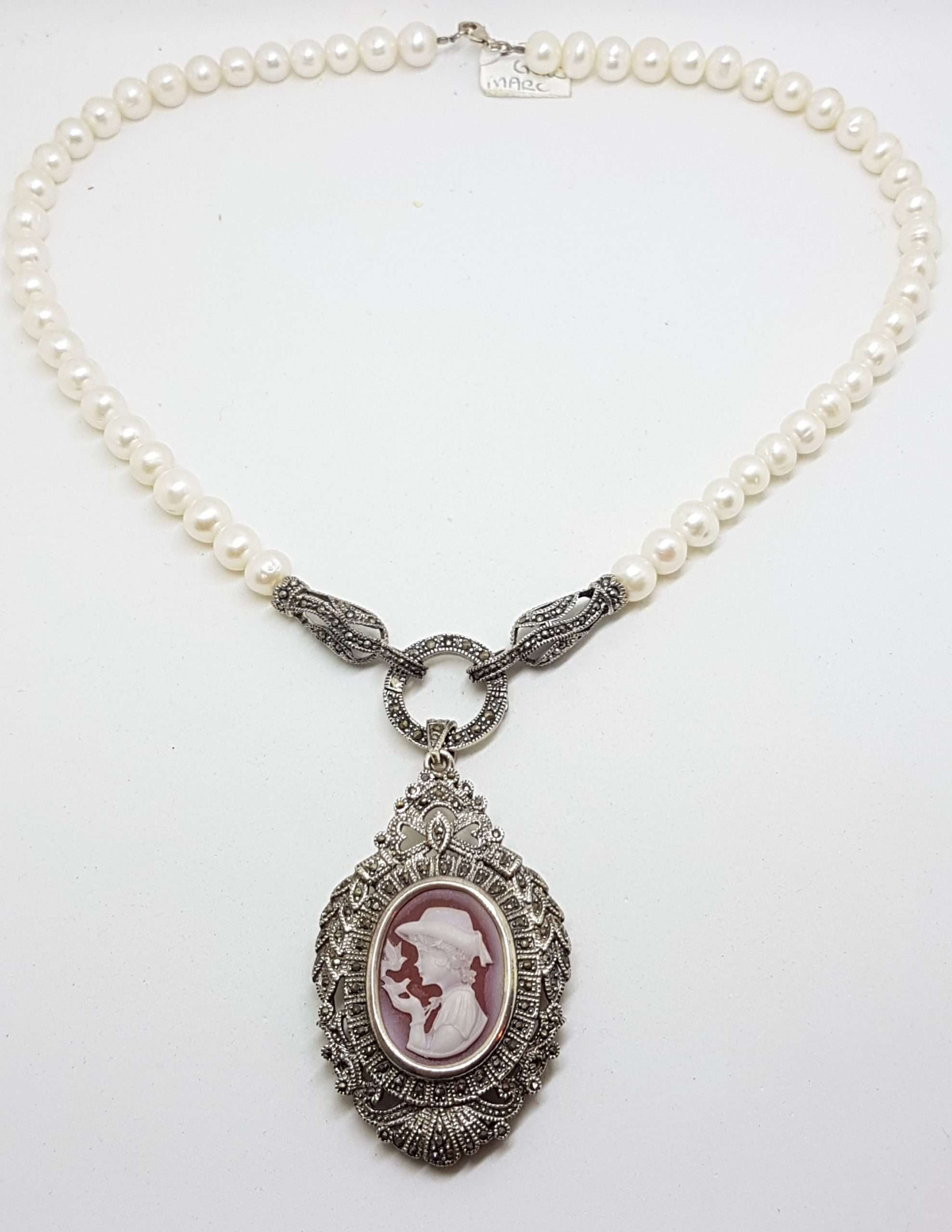 20200916_072806 Sterling Silver Large Ornate Marcasite Oval Cameo Pendant / Brooch on Pearl Chain / Necklace