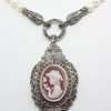 Sterling Silver Large Ornate Marcasite Oval Cameo Pendant / Brooch on Pearl Chain / Necklace