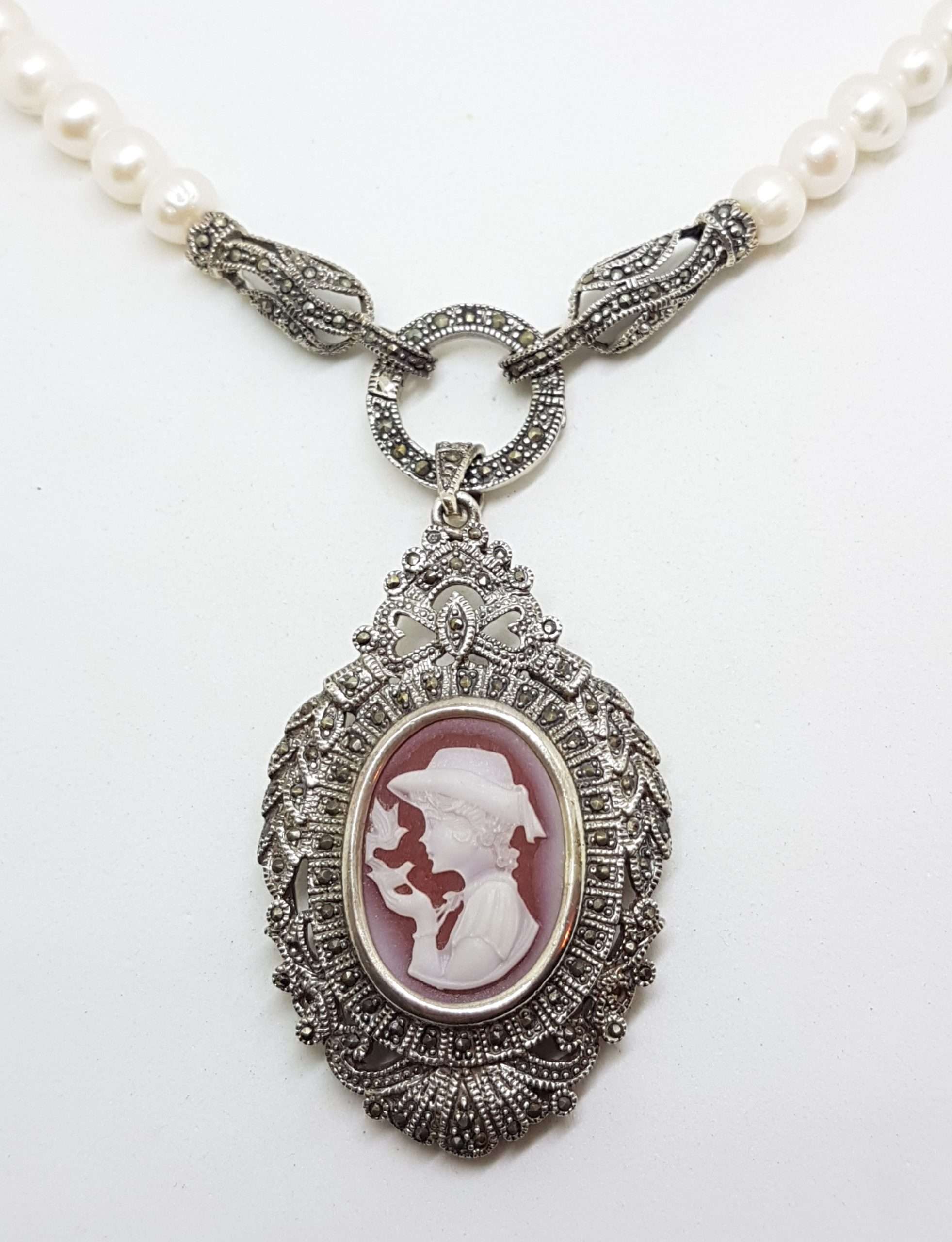 20200916_072823 Sterling Silver Large Ornate Marcasite Oval Cameo Pendant / Brooch on Pearl Chain / Necklace