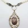 Sterling Silver Large Ornate Marcasite Oval Cameo Pendant / Brooch on Pearl Chain / Necklace