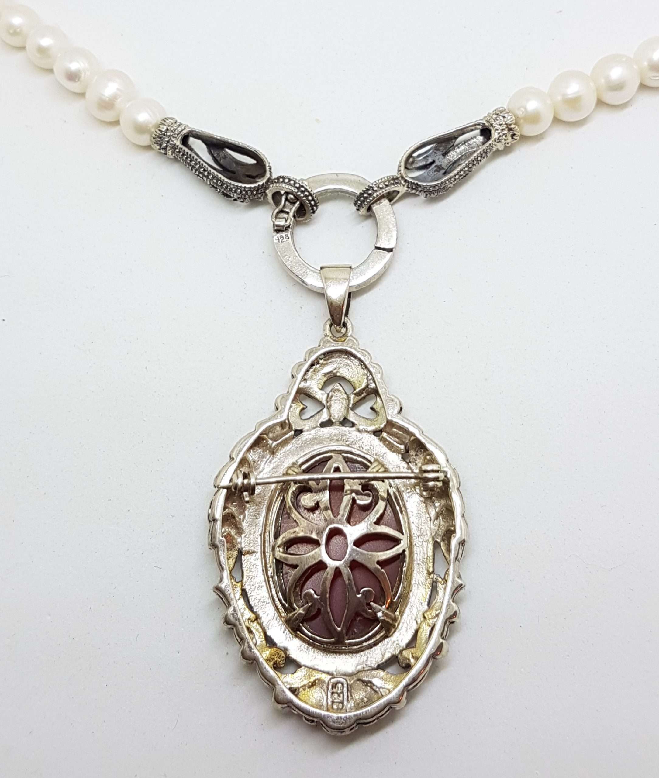 20200916_072838 Sterling Silver Large Ornate Marcasite Oval Cameo Pendant / Brooch on Pearl Chain / Necklace