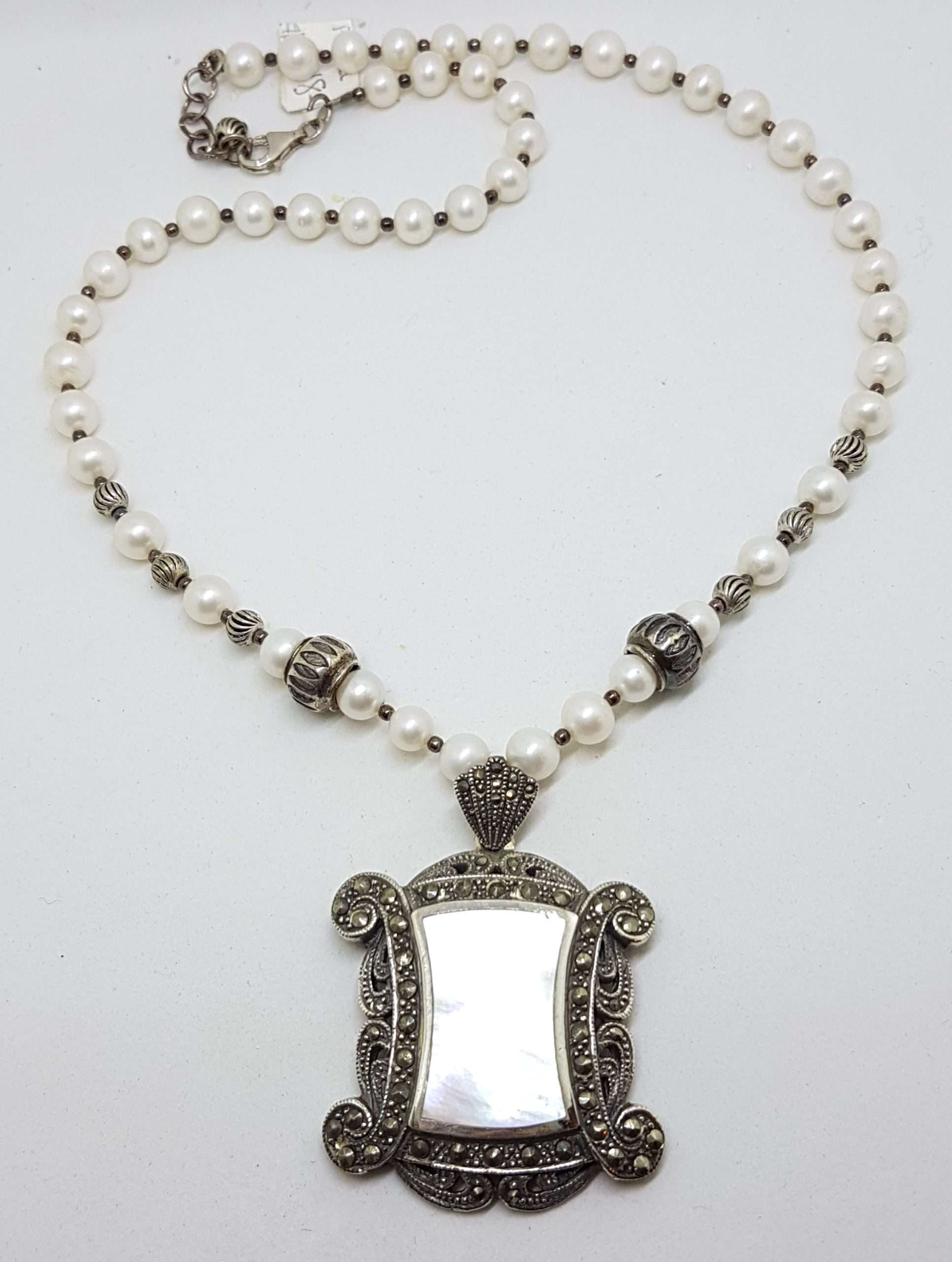Sterling Silver Large Ornate Marcasite with Mother of Pearl Rectangular Pendant on Pearl Chain / Necklace