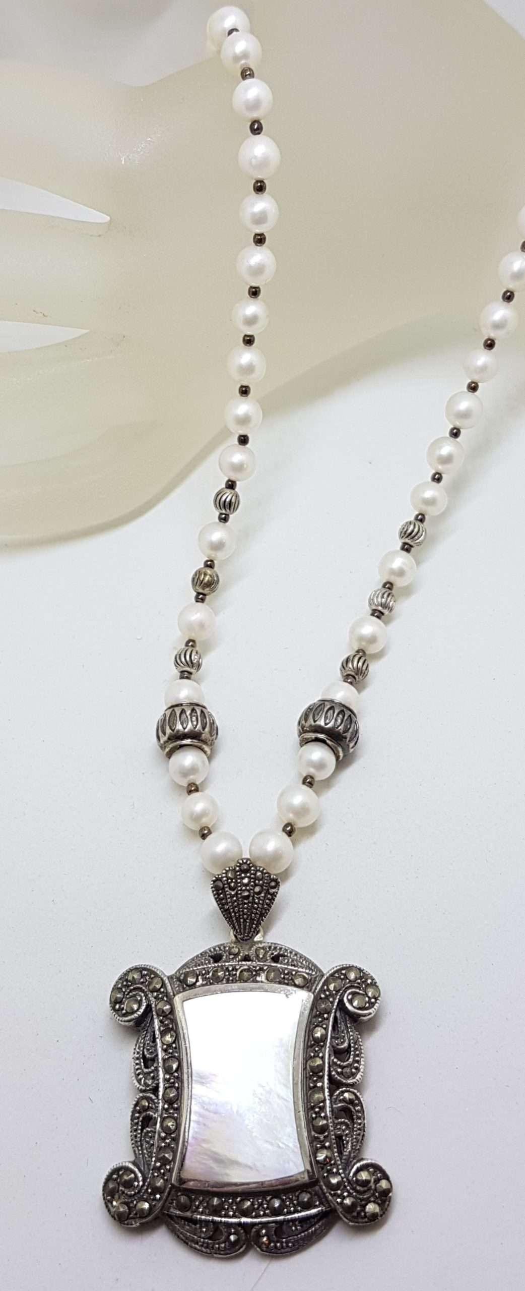 Sterling Silver Large Ornate Marcasite with Mother of Pearl Rectangular Pendant on Pearl Chain / Necklace
