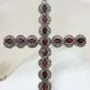 Sterling Silver Marcasite and Garnet Very Large Cross / Crucifix Pendant on Long Silver Chain / Necklace