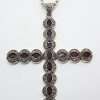 Sterling Silver Marcasite and Garnet Very Large Cross / Crucifix Pendant on Long Silver Chain / Necklace