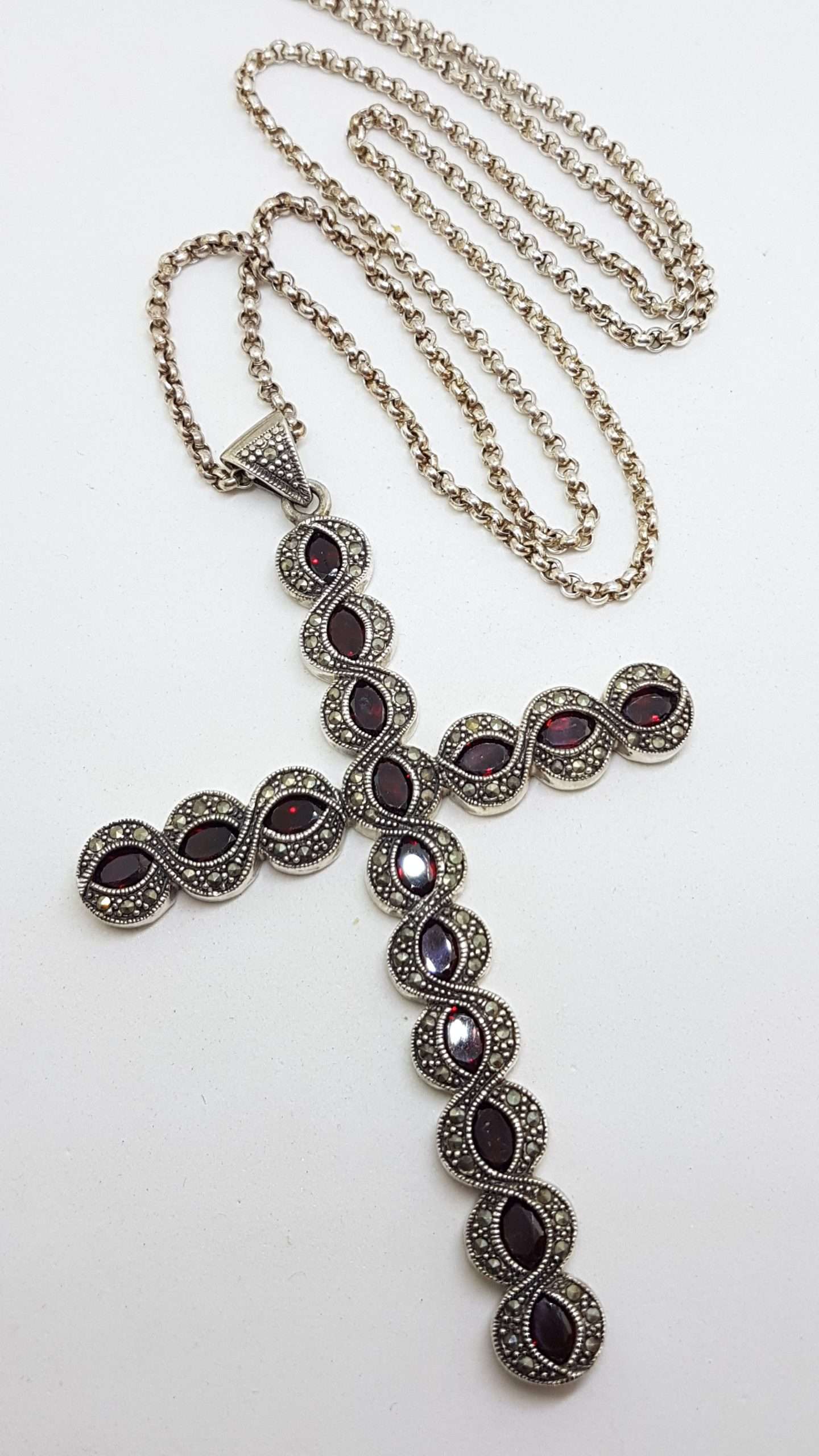20200916_073145 Sterling Silver Marcasite and Garnet Very Large Cross / Crucifix Pendant on Long Silver Chain / Necklace