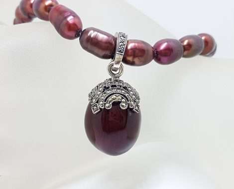 Sterling Silver Marcasite with Red Enamel Egg Enhancer Pendant on Pearl Chain / Necklace