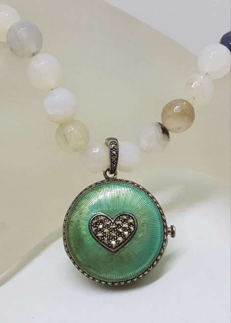 Sterling Silver Marcasite Heart with Blue Enamel Large Round Locket / Compact Enhancer Pendant on Natural Bead Chain / Necklace