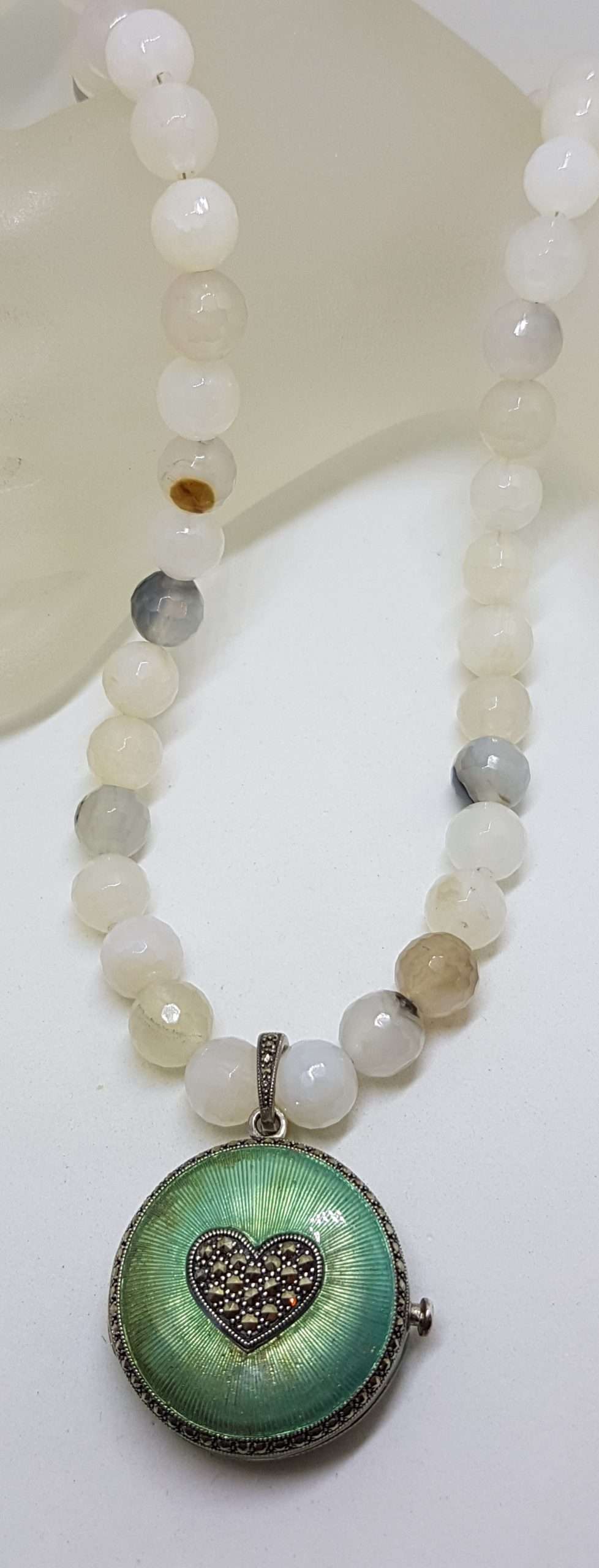 Sterling Silver Marcasite Heart with Blue Enamel Large Round Locket / Compact Enhancer Pendant on Natural Bead Chain / Necklace