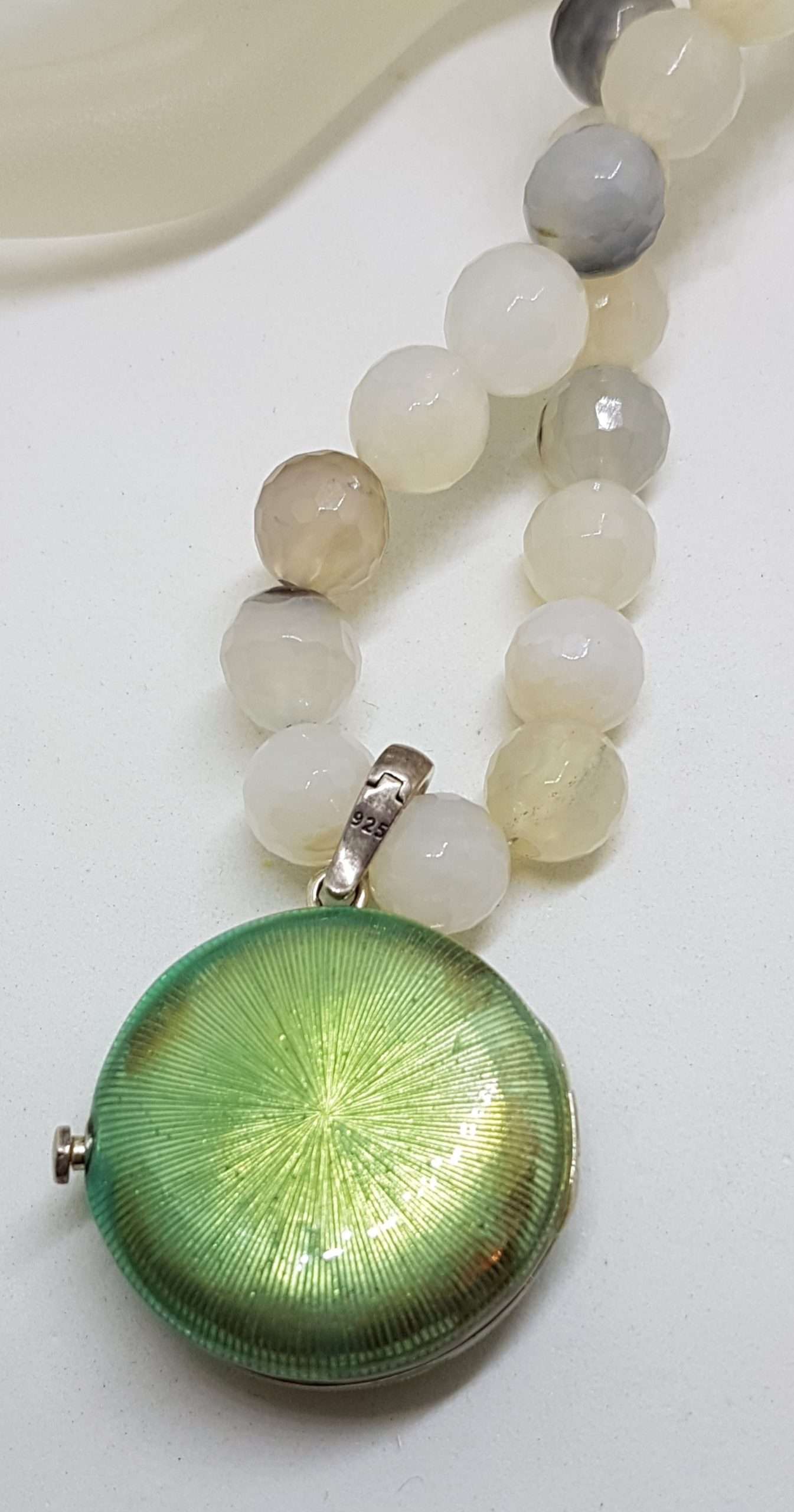 Sterling Silver Marcasite Heart with Blue Enamel Large Round Locket / Compact Enhancer Pendant on Natural Bead Chain / Necklace