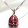 Sterling Silver Marcasite with Red Enamel Faberge Style Egg (which opens) Enhancer Pendant on Silver Choker Chain / Necklace