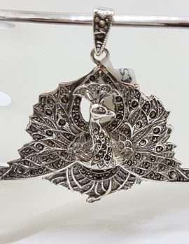 Sterling Silver Marcasite Large Peacock Pendant on Silver Choker Chain / Necklace