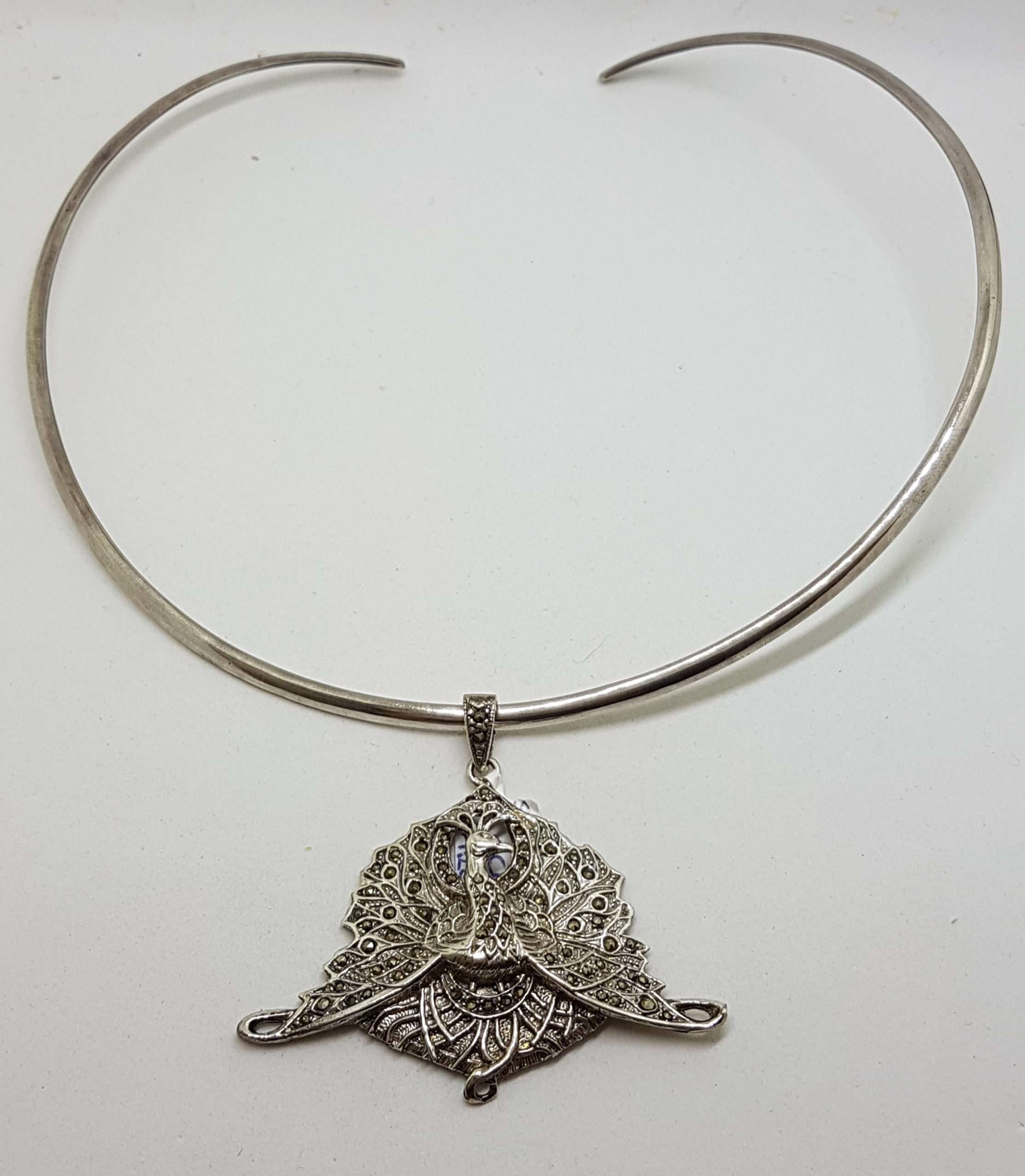 Sterling Silver Marcasite Large Peacock Pendant on Silver Choker Chain / Necklace