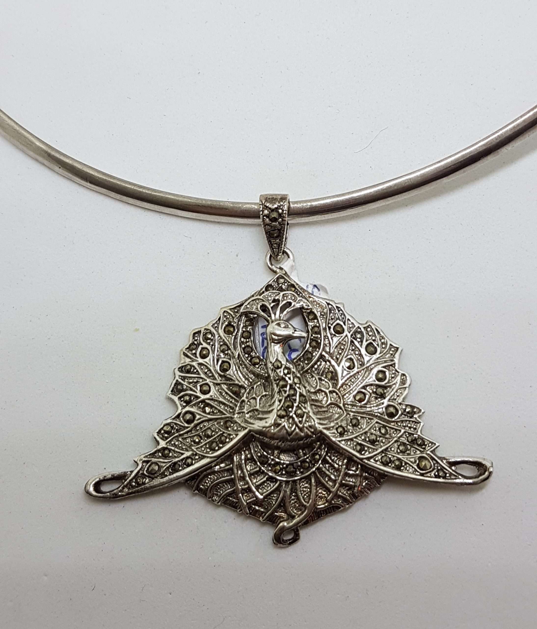 Sterling Silver Marcasite Large Peacock Pendant on Silver Choker Chain / Necklace