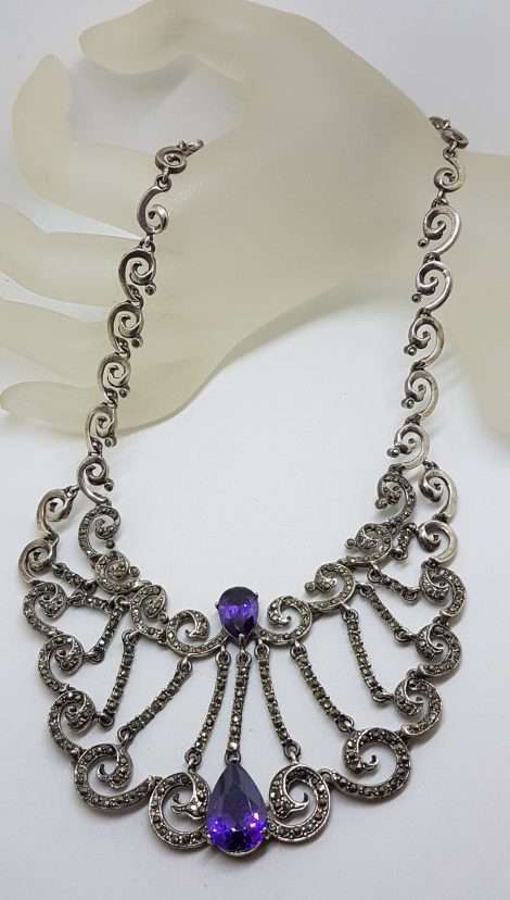 Sterling Silver Very Large & Ornate Marcasite with Purple Cubic Zirconia Collier Chain / Necklace