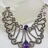 Sterling Silver Very Large & Ornate Marcasite with Purple Cubic Zirconia Collier Chain / Necklace