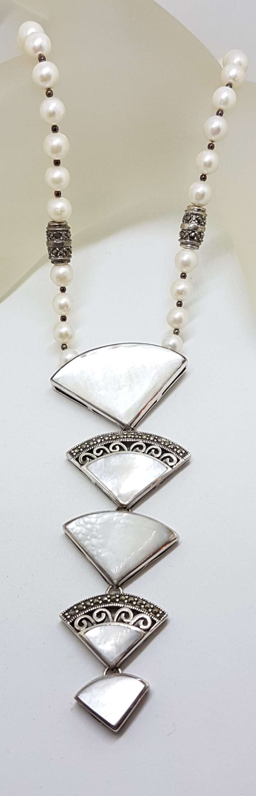 Sterling Silver Large & Long Marcasite with Mother of Pearl Fan Drop Pendant on Pearl Chain / Necklace