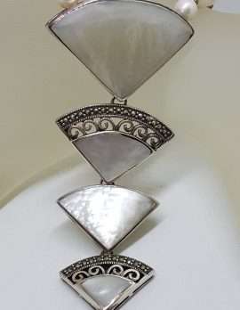 Sterling Silver Large & Long Marcasite with Mother of Pearl Fan Drop Pendant on Pearl Chain / Necklace