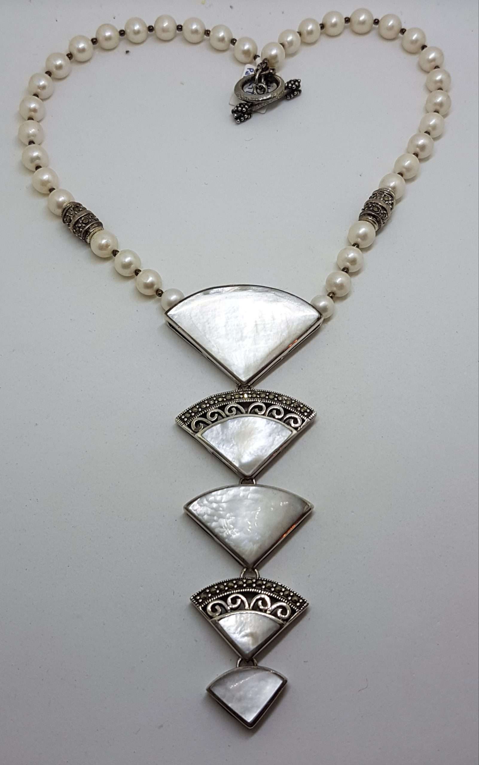 Sterling Silver Large & Long Marcasite with Mother of Pearl Fan Drop Pendant on Pearl Chain / Necklace