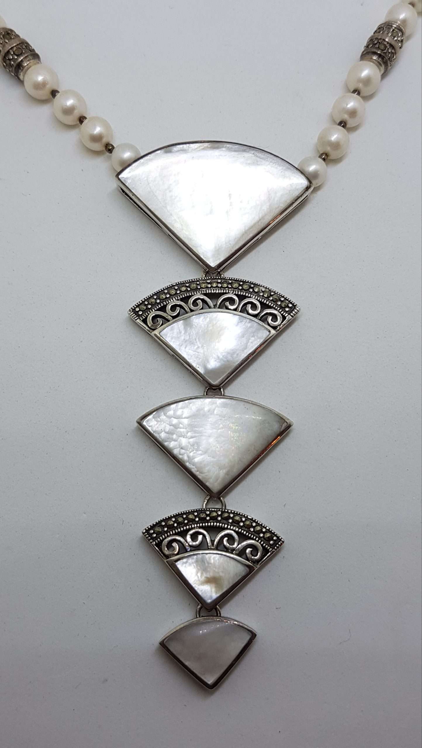 Sterling Silver Large & Long Marcasite with Mother of Pearl Fan Drop Pendant on Pearl Chain / Necklace
