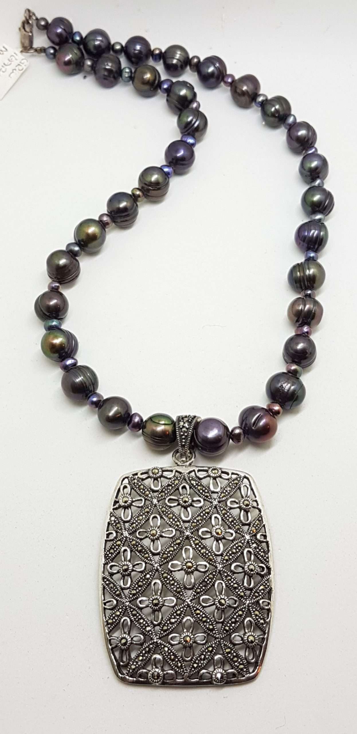 Sterling Silver Large Ornate Filigree Rectangular Marcasite Enhancer Pendant on Black Pearl Chain / Necklace