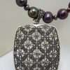 Sterling Silver Large Ornate Filigree Rectangular Marcasite Enhancer Pendant on Black Pearl Chain / Necklace