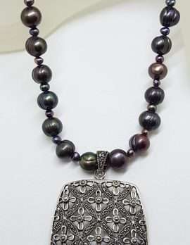Sterling Silver Large Ornate Filigree Rectangular Marcasite Enhancer Pendant on Black Pearl Chain / Necklace