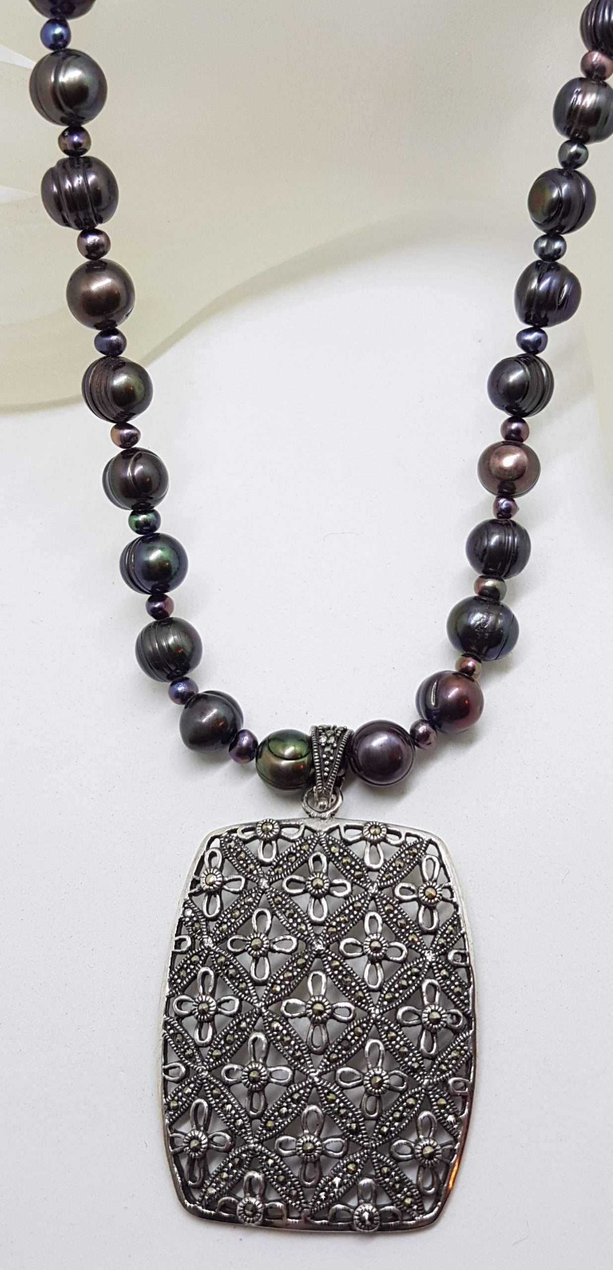 Sterling Silver Large Ornate Filigree Rectangular Marcasite Enhancer Pendant on Black Pearl Chain / Necklace