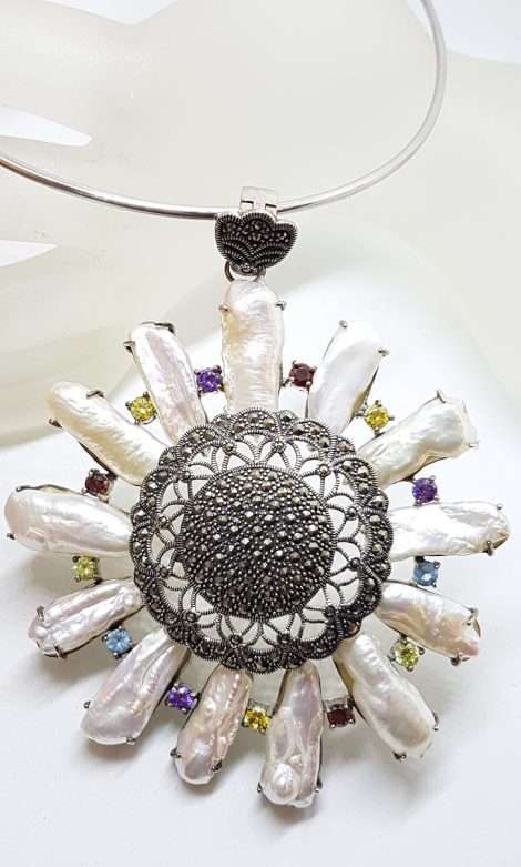 Sterling Silver Very Large Marcasite, Blister Pearl and Multi-Coloured Cubic Zirconia Round Cluster Pendant on Silver Choker Chain / Necklace