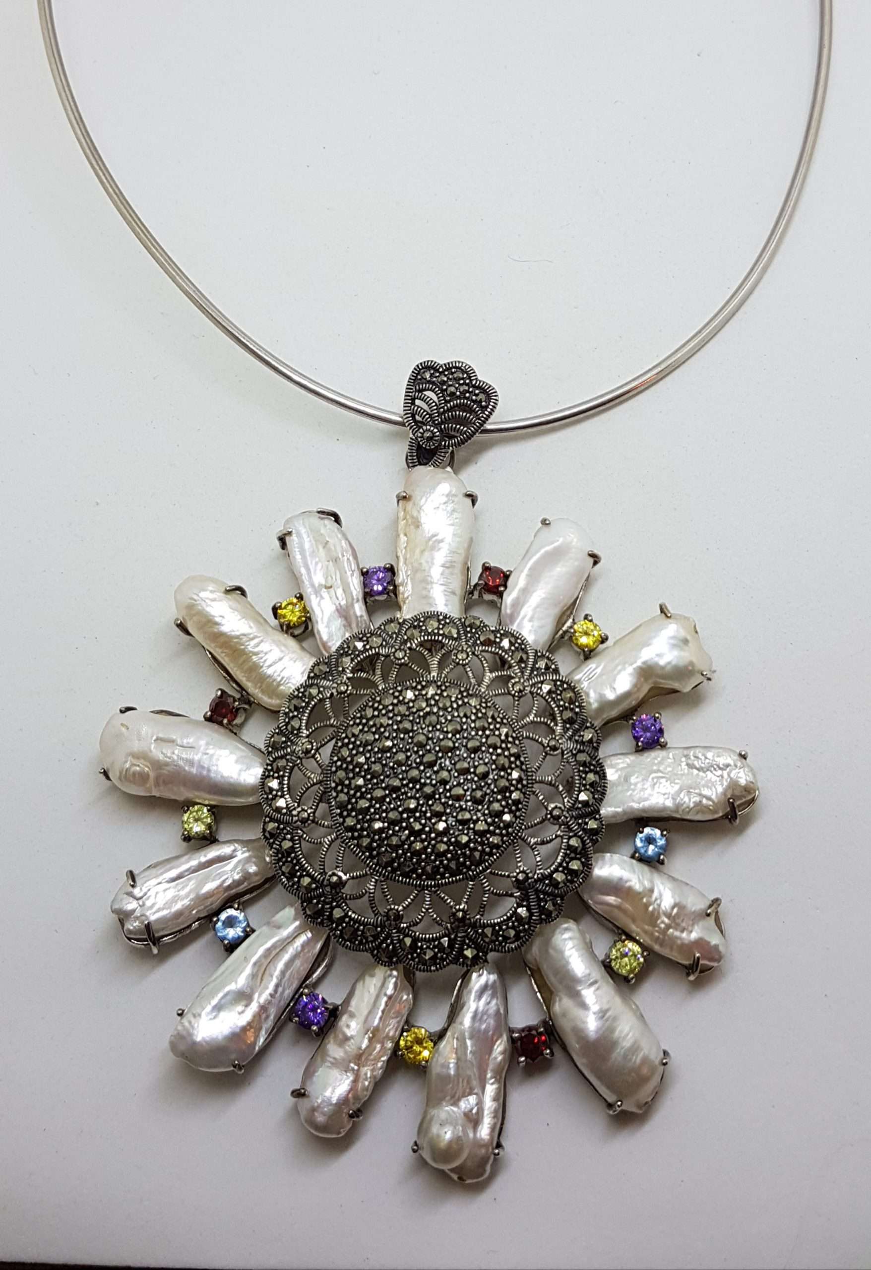 20200916_073918 Sterling Silver Very Large Marcasite, Blister Pearl and Multi-Coloured Cubic Zirconia Round Cluster Pendant on Silver Choker Chain / Necklace
