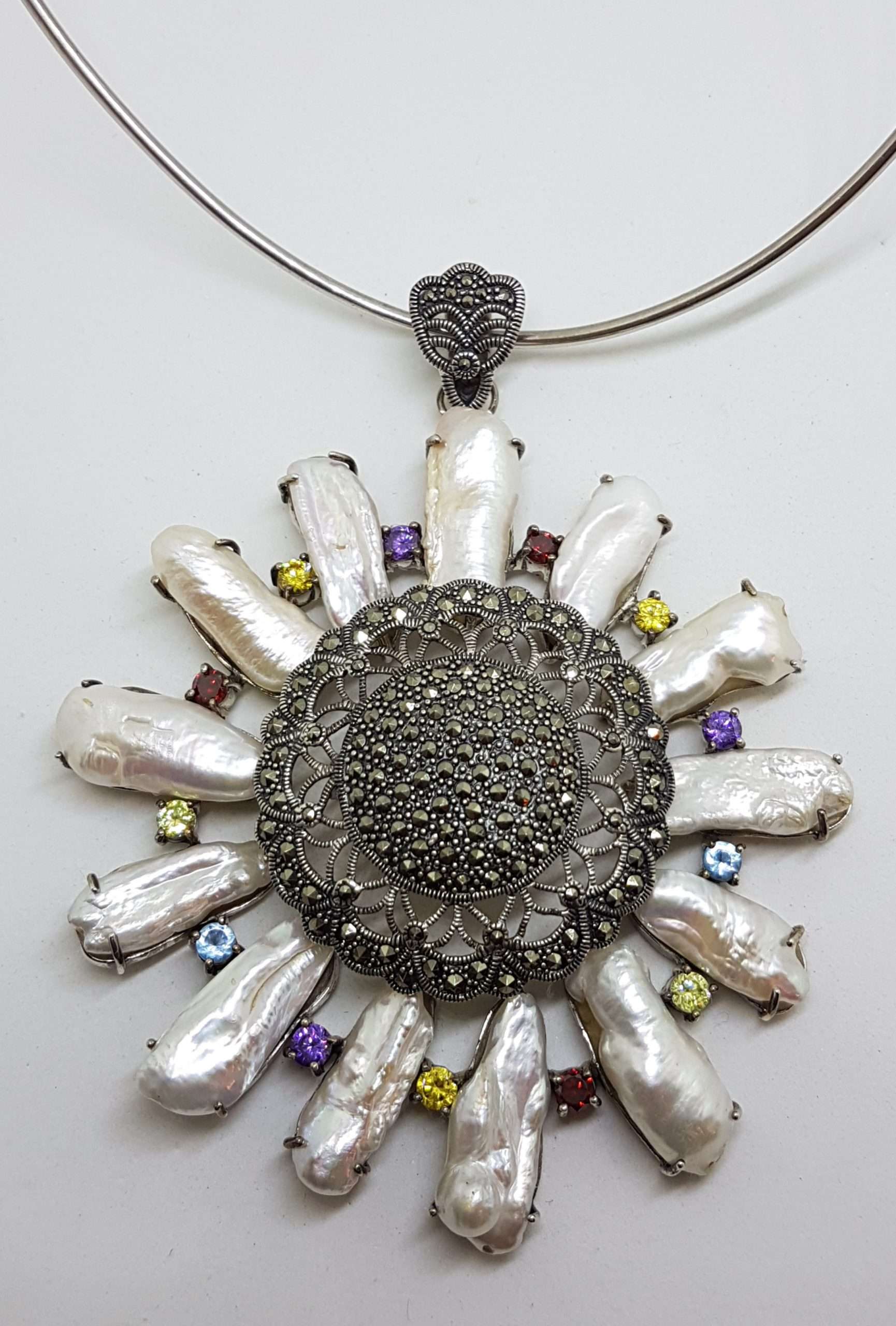 20200916_073934 Sterling Silver Very Large Marcasite, Blister Pearl and Multi-Coloured Cubic Zirconia Round Cluster Pendant on Silver Choker Chain / Necklace