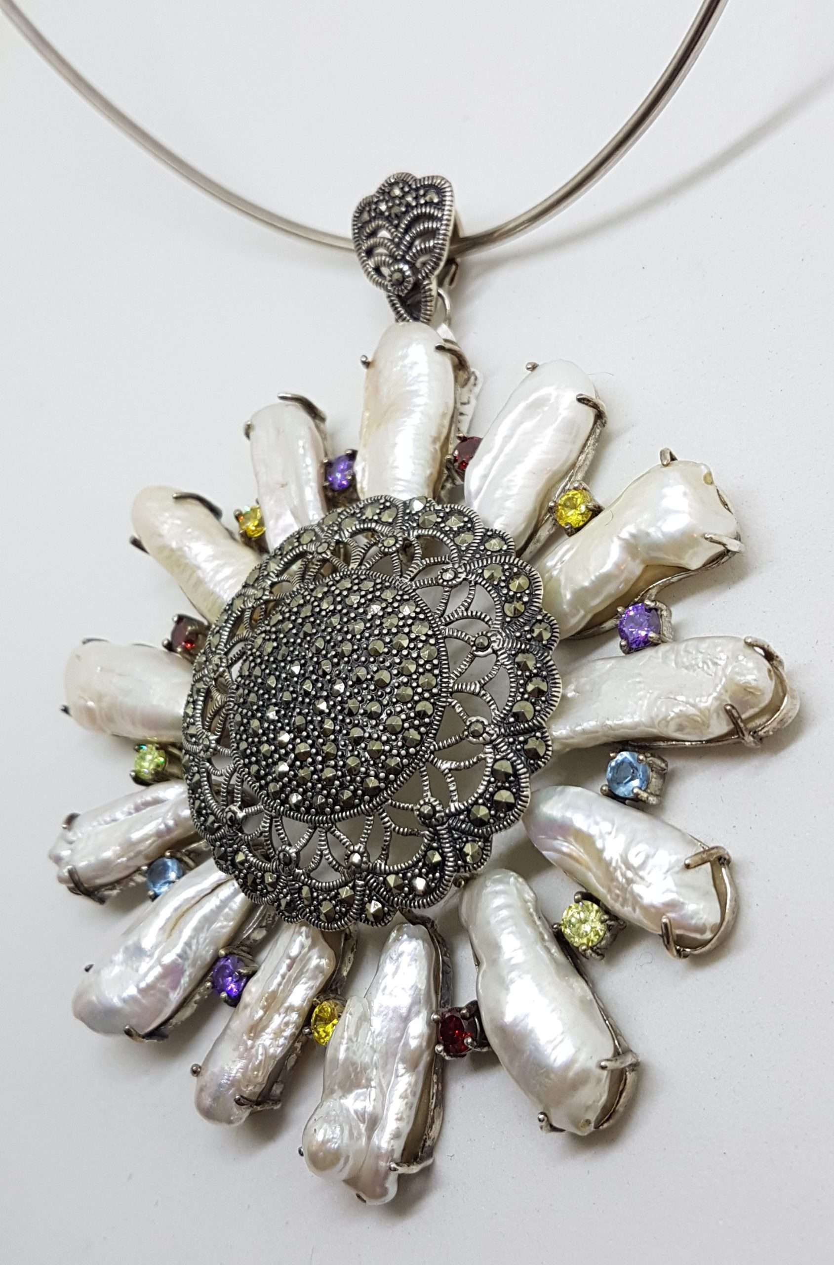 20200916_073949 Sterling Silver Very Large Marcasite, Blister Pearl and Multi-Coloured Cubic Zirconia Round Cluster Pendant on Silver Choker Chain / Necklace