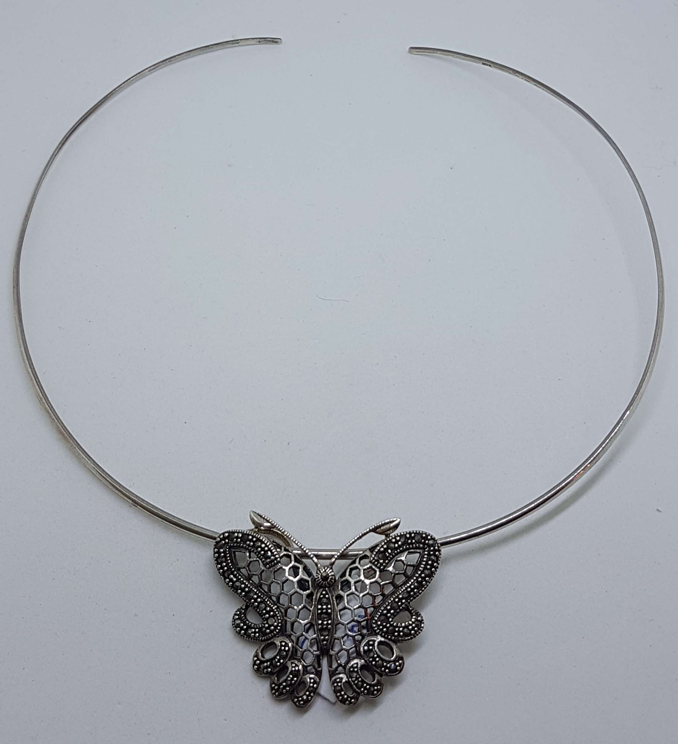 Sterling Silver Marcasite Large Ornate Filigree Butterfly Pendant on Silver Choker Chain / Necklace