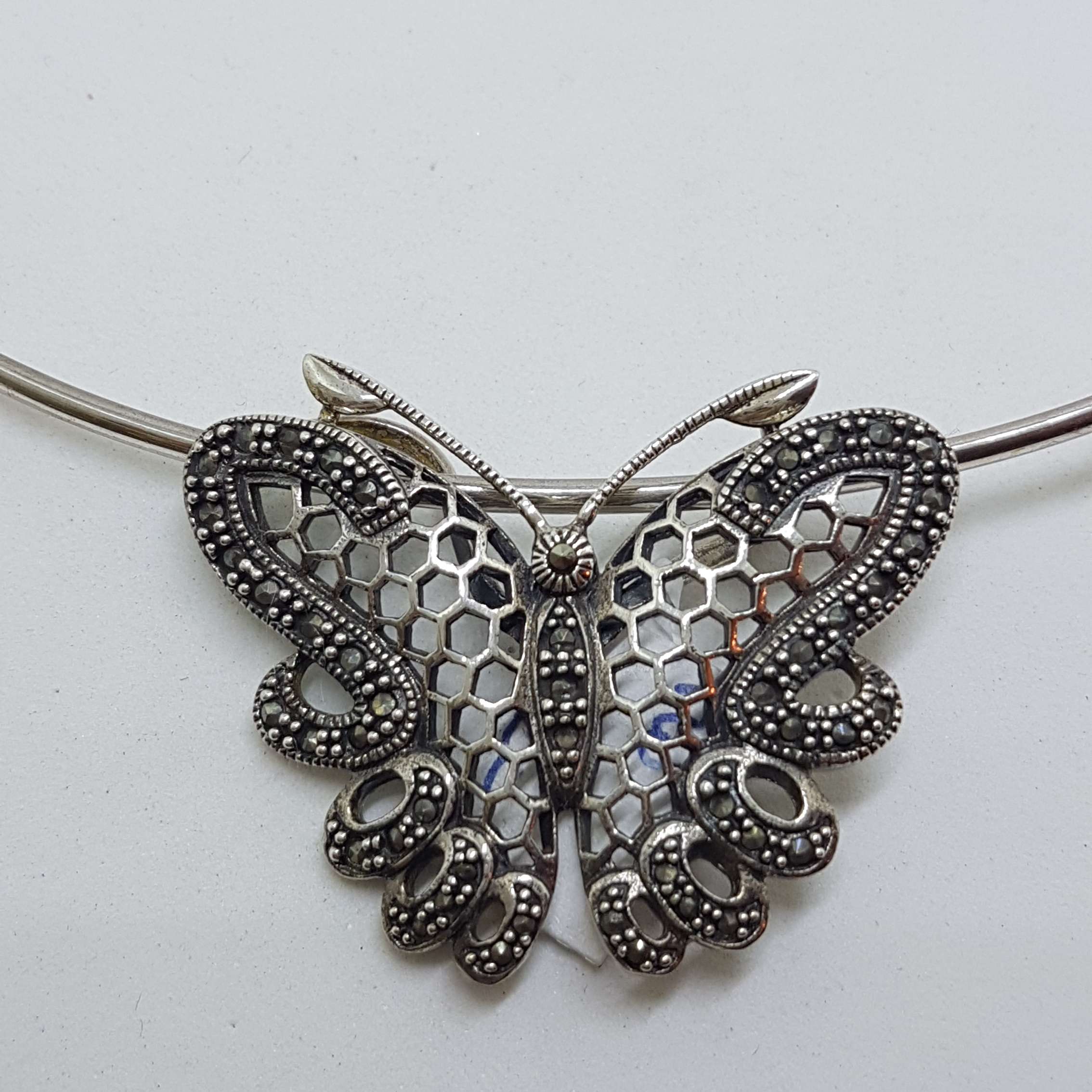 Sterling Silver Marcasite Large Ornate Filigree Butterfly Pendant on Silver Choker Chain / Necklace
