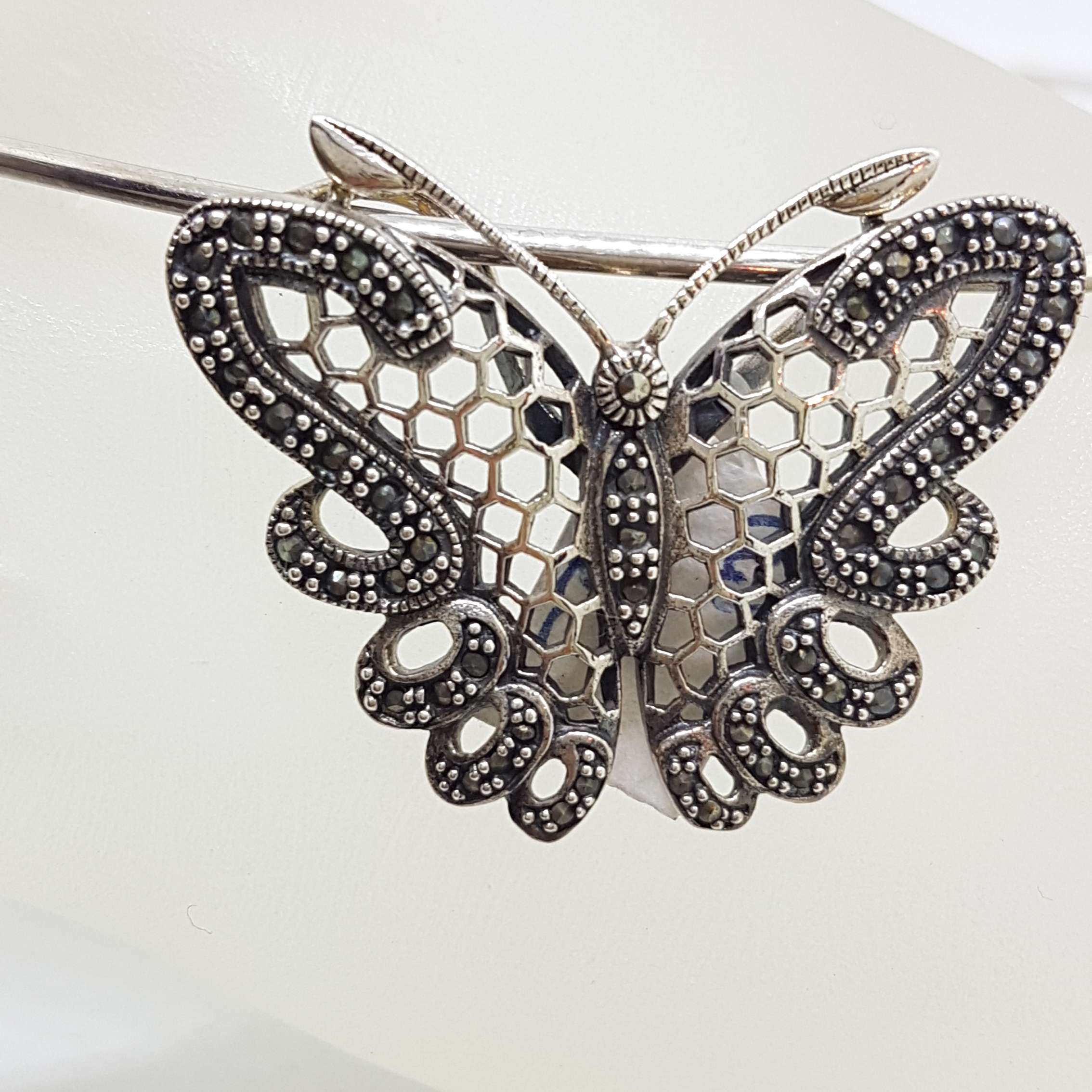 Sterling Silver Marcasite Large Ornate Filigree Butterfly Pendant on Silver Choker Chain / Necklace