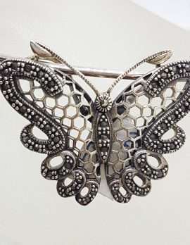Sterling Silver Marcasite Large Ornate Filigree Butterfly Pendant on Silver Choker Chain / Necklace