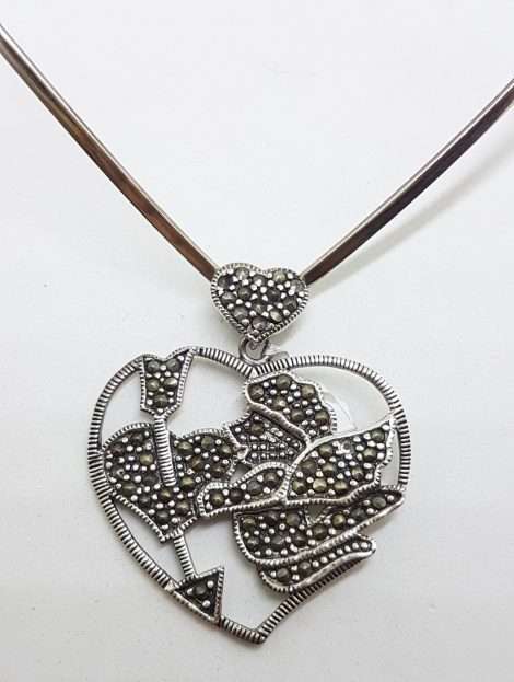 Sterling Silver Marcasite Large Heart with Cupid Pendant on Silver Choker Chain / Necklace