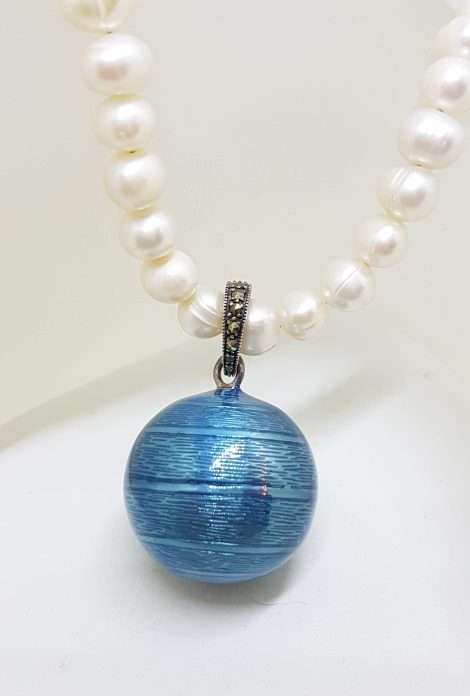 Sterling Silver Marcasite with Blue Enamel Harmony Ball Enhancer Pendant on Pearl Chain / Necklace