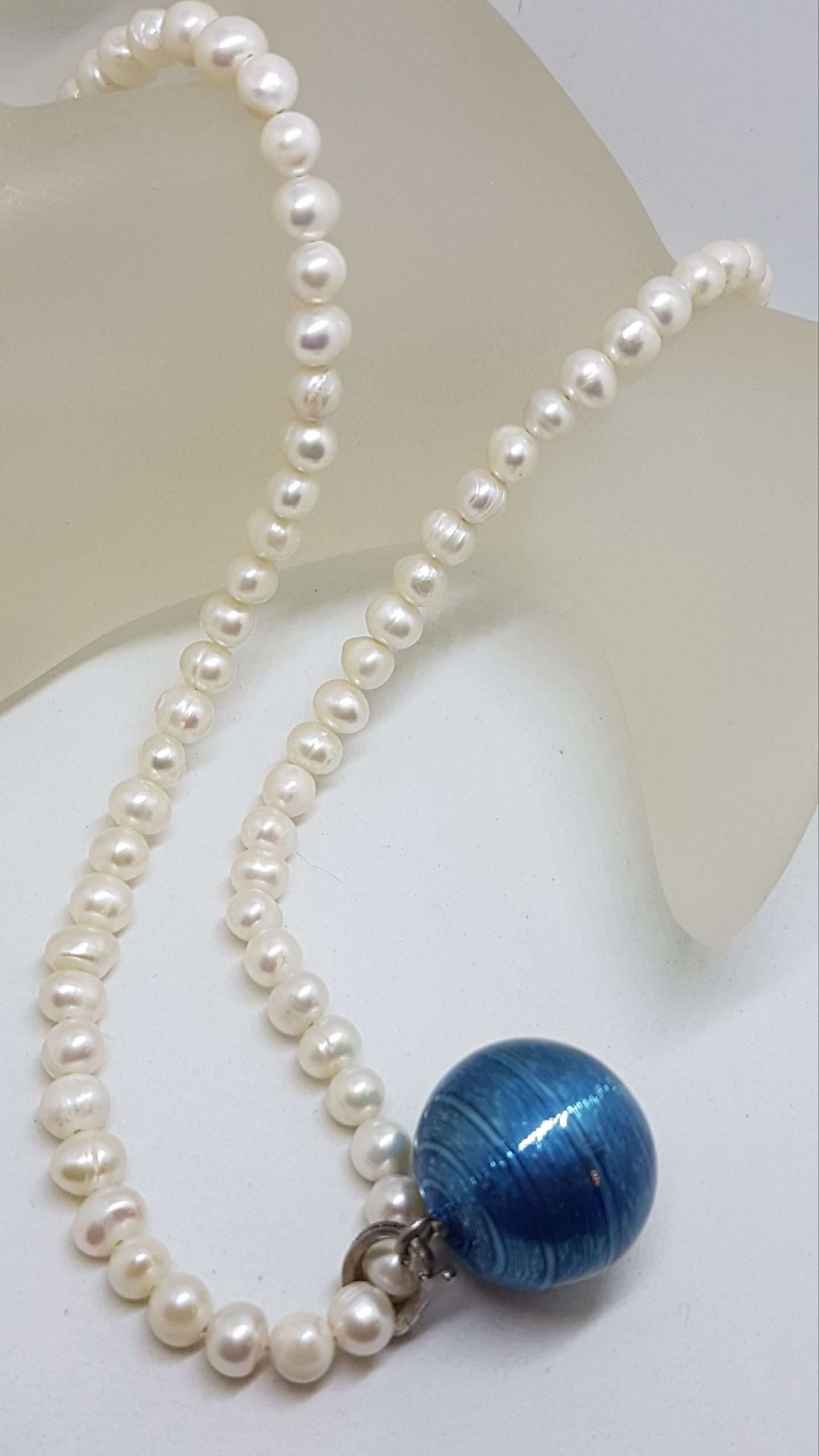 20200916_074412 Sterling Silver Marcasite with Blue Enamel Harmony Ball Enhancer Pendant on Pearl Chain / Necklace