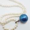 Sterling Silver Marcasite with Blue Enamel Harmony Ball Enhancer Pendant on Pearl Chain / Necklace