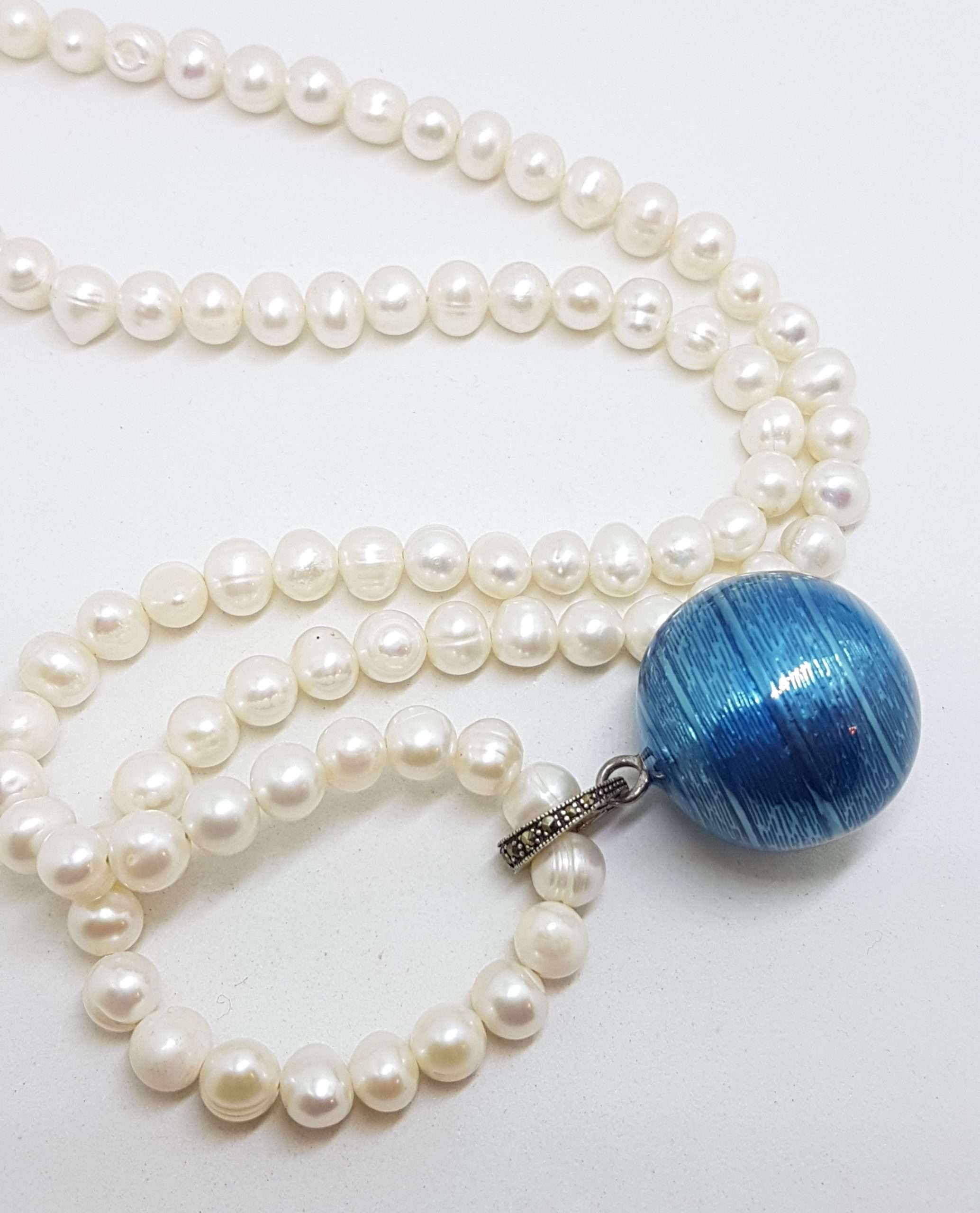 20200916_074426 Sterling Silver Marcasite with Blue Enamel Harmony Ball Enhancer Pendant on Pearl Chain / Necklace
