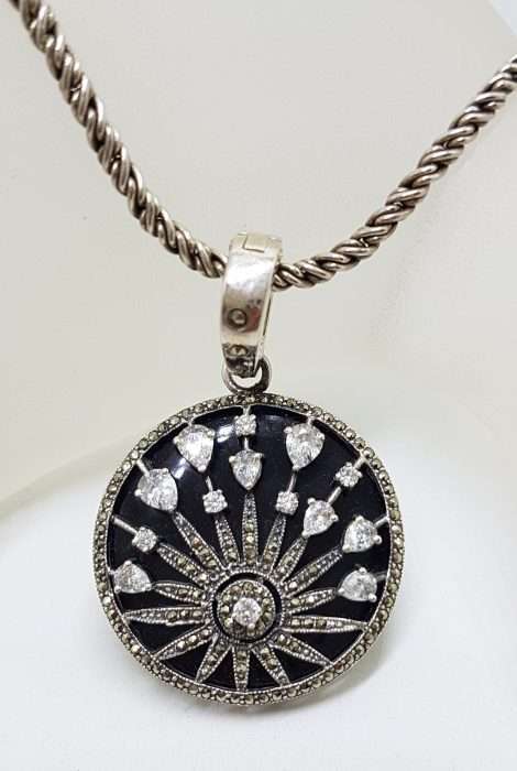 Sterling Silver Marcasite with Onyx and Cubic Zirconia Large Round Starburst Enhancer Pendant on Long Silver Chain / Necklace