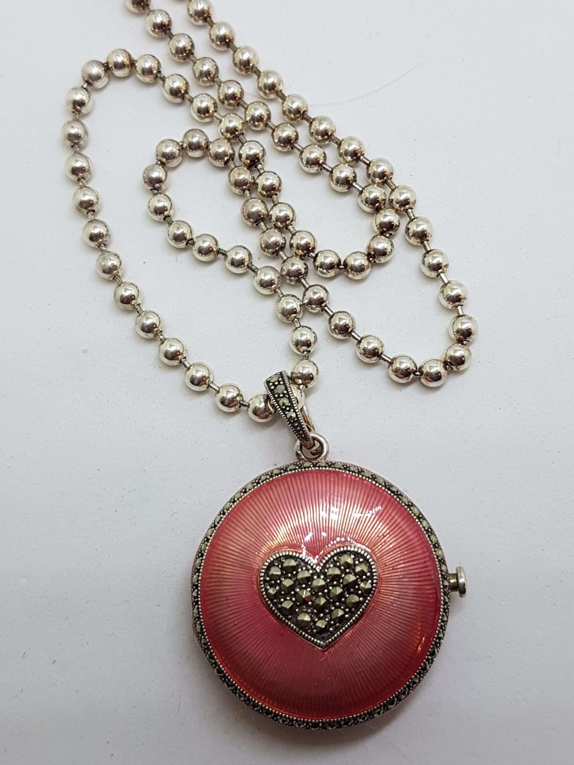 Sterling Silver Marcasite Heart with Pink Enamel Large Round Locket / Compact Enhancer Pendant on Heavy Silver Chain / Necklace