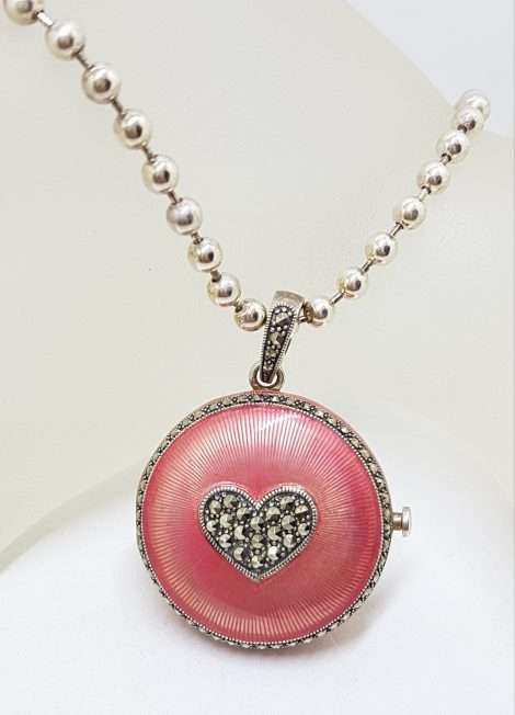 Sterling Silver Marcasite Heart with Pink Enamel Large Round Locket / Compact Enhancer Pendant on Heavy Silver Chain / Necklace