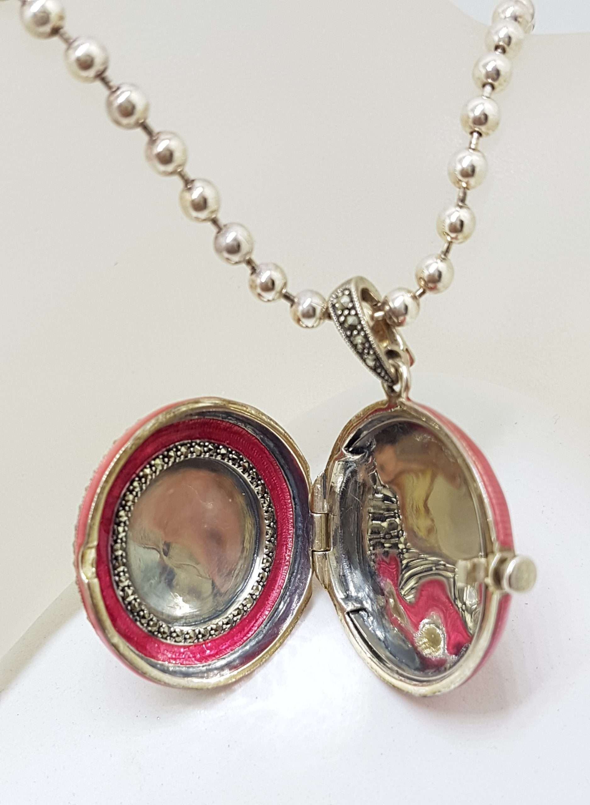 Sterling Silver Marcasite Heart with Pink Enamel Large Round Locket / Compact Enhancer Pendant on Heavy Silver Chain / Necklace