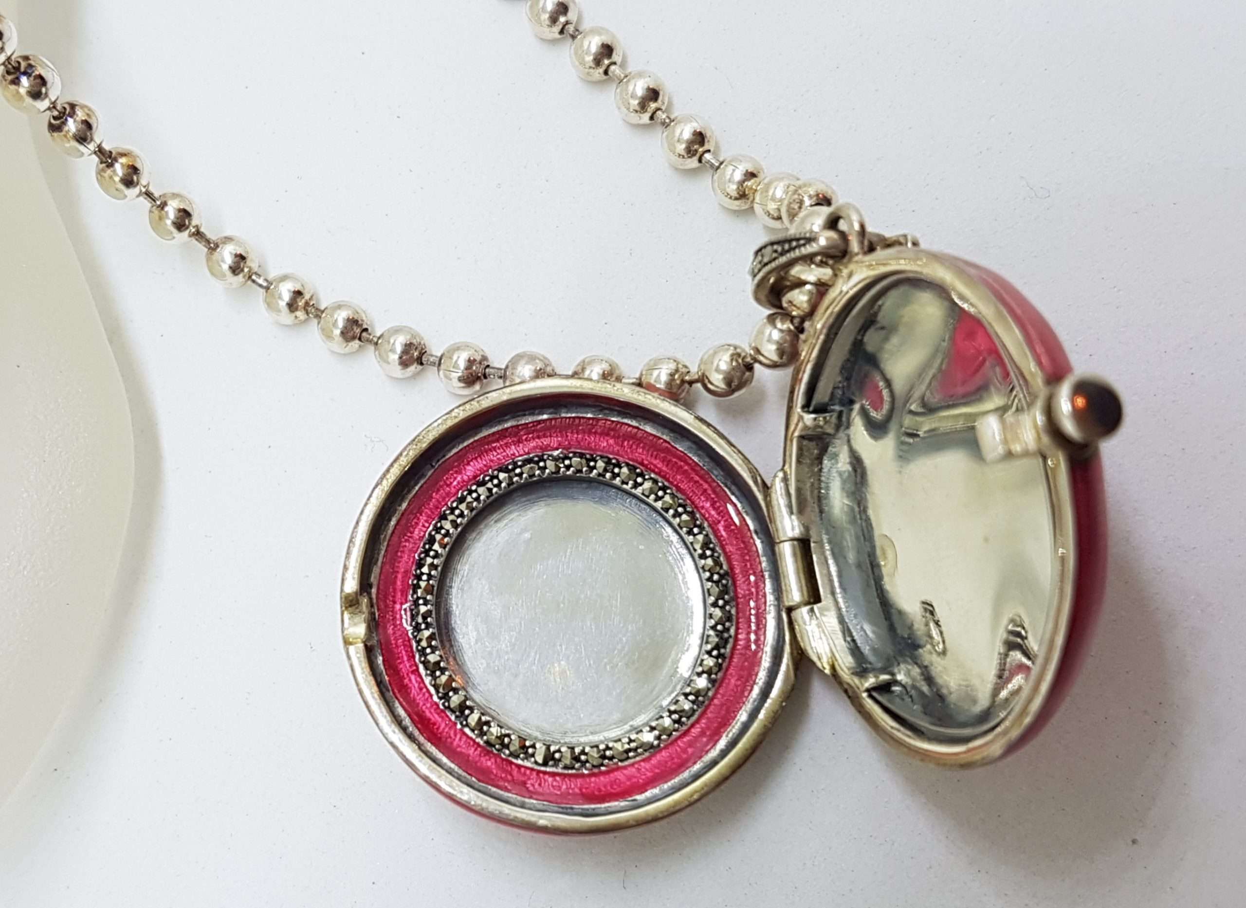 Sterling Silver Marcasite Heart with Pink Enamel Large Round Locket / Compact Enhancer Pendant on Heavy Silver Chain / Necklace