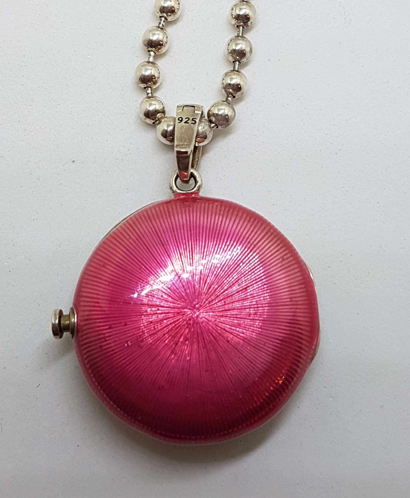 Sterling Silver Marcasite Heart with Pink Enamel Large Round Locket / Compact Enhancer Pendant on Heavy Silver Chain / Necklace