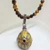 Sterling Silver Marcasite with Yellow Enamel Faberge Style Egg (which opens) Enhancer Pendant on Tiger Eye Bead Chain